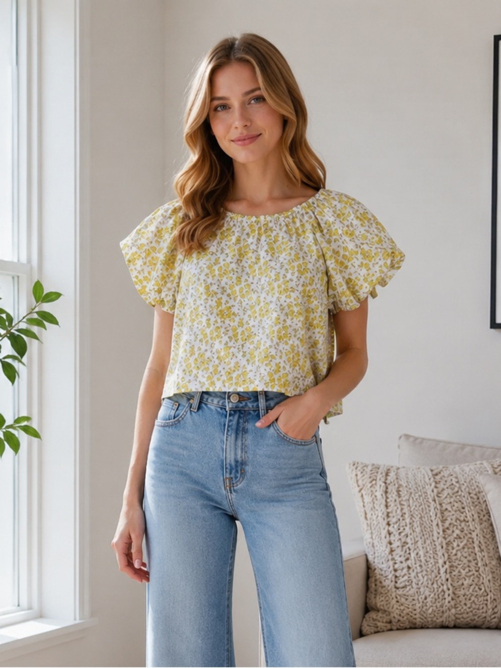 J. Crew Yellow Floral Puff Sleeves Smock Back Cropped Top Liberty Fabric Size 6